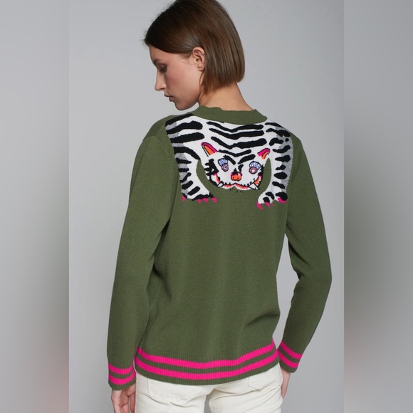 Vilagallo Sweaters - Vilagallo Wool Tiger Back Cardigan Olive Green XS Oversized Graphic Knit Spain
